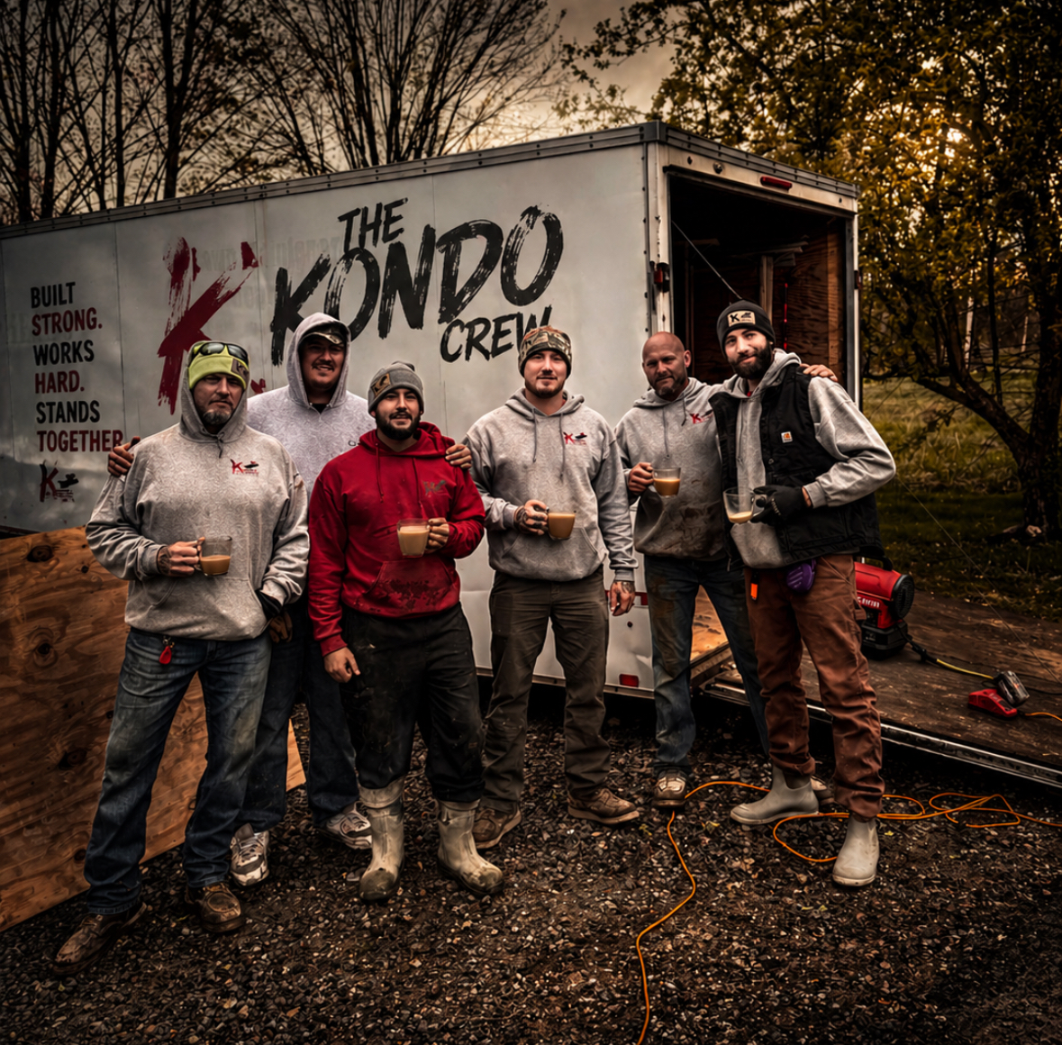 The Kondo Crew - the team behind Kondo's Koncrete LLC standing in front of their work trailer